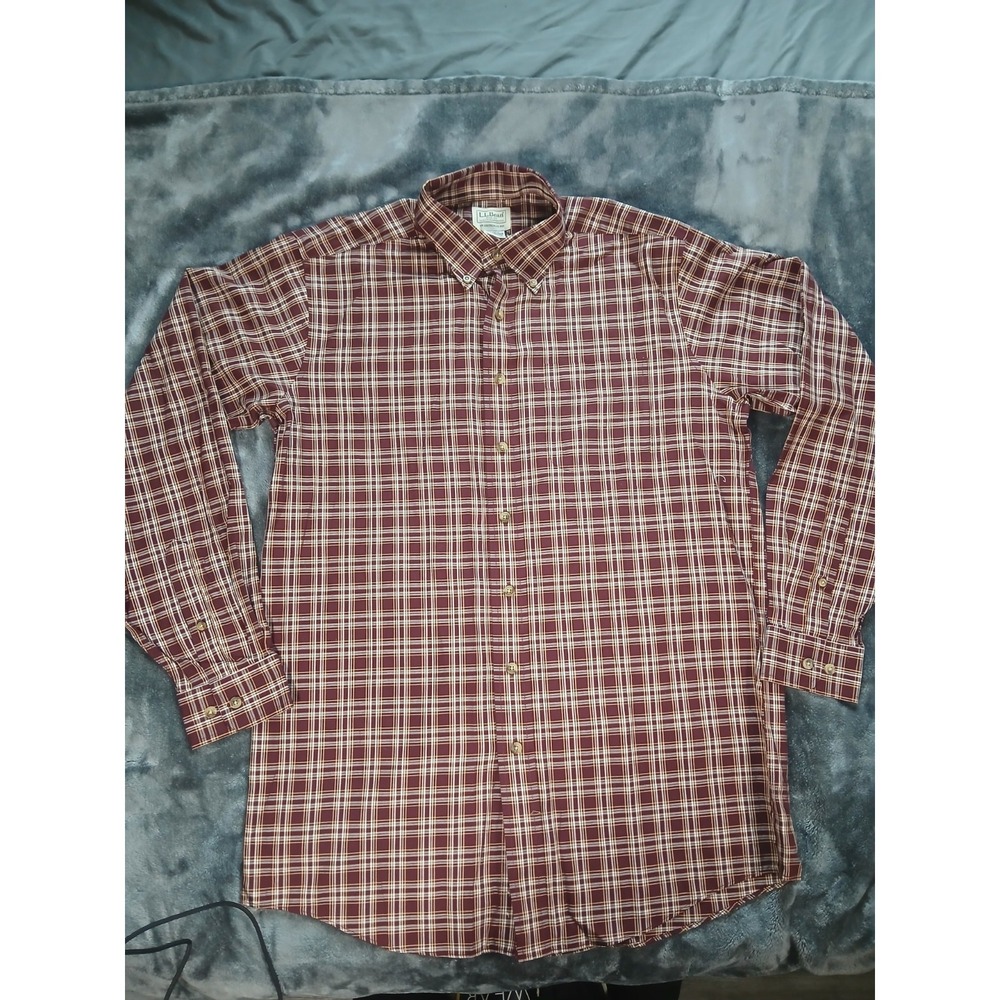 LL Bean Men's 100% Cotton Lightweight Shirt Red Blue Plaid • MEDIUM TALL